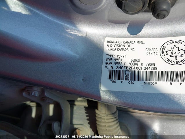 20273537 :رقم المزاد ، 2HGFB2F4XCH044289 vin ، 2012 Honda Civic Lx مزاد بيع