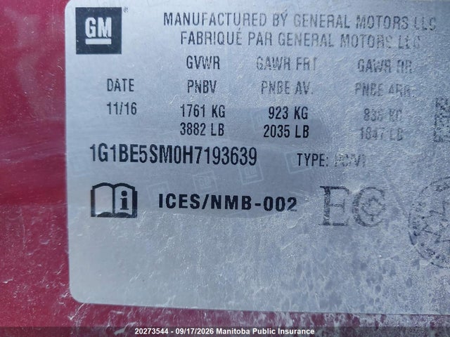 20273544 :رقم المزاد ، 1G1BE5SM0H7193639 vin ، 2017 Chevrolet Cruze Lt Turbo مزاد بيع