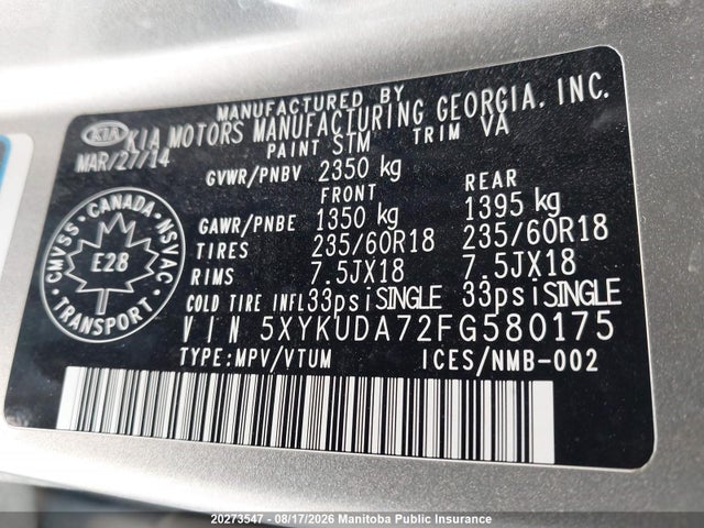 KIA Sorento Ex V6 2015 5XYKUDA72FG580175 Image 9