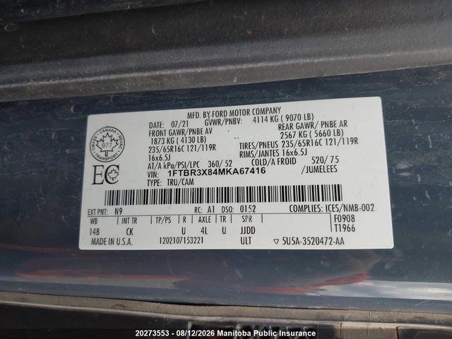 2021 Ford Transit 250 Wb 148 Cargo Van მანქანა იყიდება აუქციონზე, vin: 1FTBR3X84MKA67416, აუქციონის ნომერი: 20273553