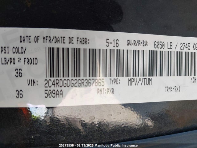 20273556 :رقم المزاد ، 2C4RDGDG2GR367865 vin ، 2016 Dodge Grand Caravan Sxt مزاد بيع