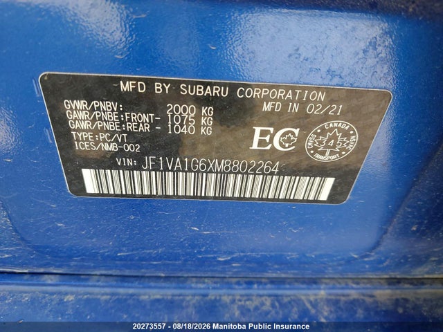 Продаж на аукціоні авто 2021 Subaru Wrx Sport, vin: JF1VA1G6XM8802264, номер лоту: 20273557
