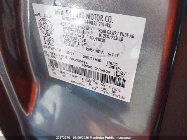 Продажа на аукционе авто 2010 Ford Escape Xlt, vin: 1FMCU0D78AKC98694, номер лота: 20273570