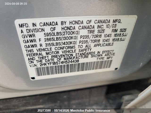 Aukcja sprzedaży 2004 Honda Pilot Lx, vin: 2HKYF18574H524438, numer aukcji: 20273590