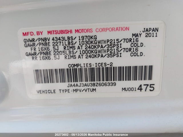 Продажа на аукционе авто 2011 Mitsubishi Rvr Se, vin: JA4AJ3AU3BZ606339, номер лота: 20273602