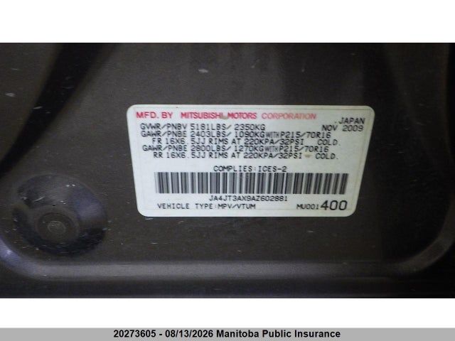 2010 Mitsubishi Outlander Xls მანქანა იყიდება აუქციონზე, vin: JA4JT3AX9AZ602881, აუქციონის ნომერი: 20273605
