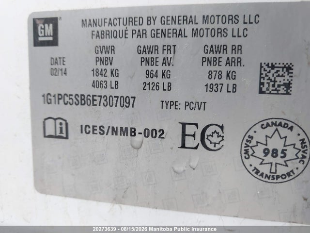 1G1PC5SB6E7307097 Chevrolet Cruze Lt Turbo