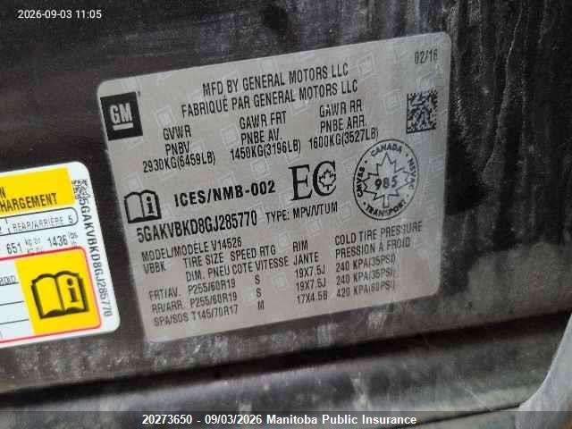 20273650 :رقم المزاد ، 5GAKVBKD8GJ285770 vin ، 2016 Buick Enclave مزاد بيع