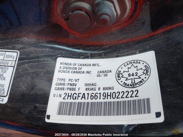 Aukcja sprzedaży 2009 Honda Civic Sport, vin: 2HGFA16619H022222, numer aukcji: 20273654