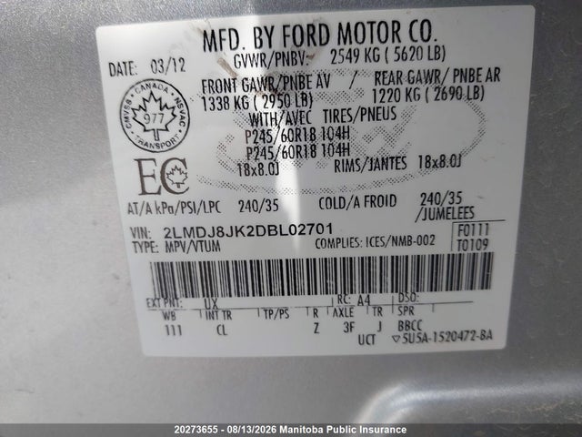 2013 Lincoln Mkx მანქანა იყიდება აუქციონზე, vin: 2LMDJ8JK2DBL02701, აუქციონის ნომერი: 20273655