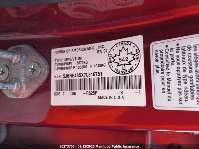 20273708 :رقم المزاد ، 5J6RE485X7L816751 vin ، 2007 Honda Cr-v Ex مزاد بيع