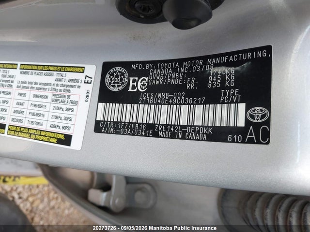20273726 :رقم المزاد ، 2T1BU40E49C030217 vin ، 2009 Toyota Corolla مزاد بيع