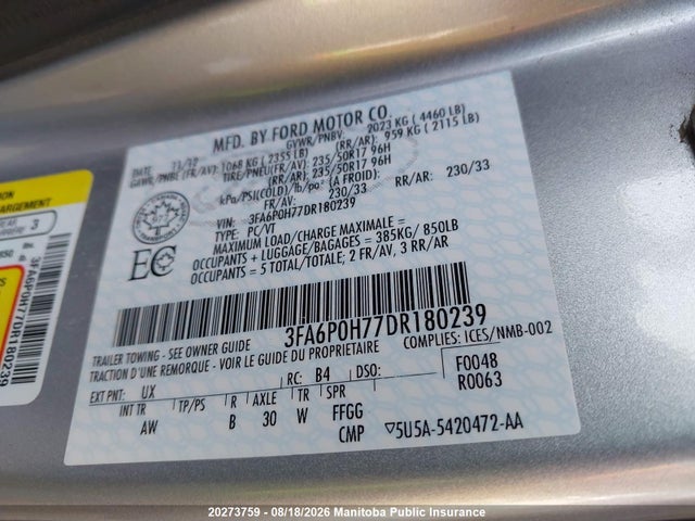 Продажа на аукционе авто 2013 Ford Fusion Se, vin: 3FA6P0H77DR180239, номер лота: 20273759