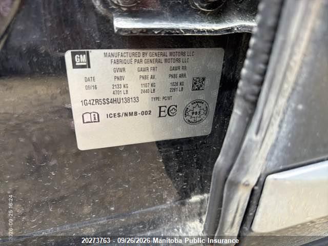20273763 :رقم المزاد ، 1G4ZR5SS4HU138133 vin ، 2017 Buick Lacrosse V6 مزاد بيع