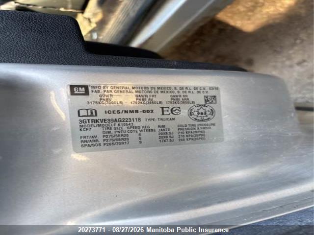 Aukcja sprzedaży 2010 Gmc Sierra 1500 Sle Crew Cab, vin: 3GTRKVE39AG223118, numer aukcji: 20273771