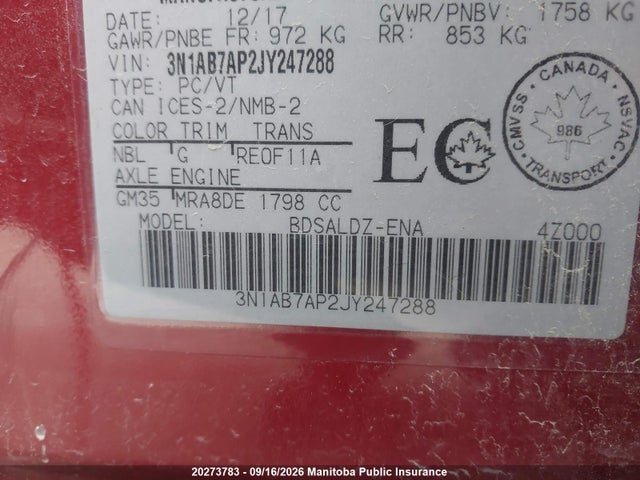 20273783 :رقم المزاد ، 3N1AB7AP2JY247288 vin ، 2018 Nissan Sentra 1.8 Sv مزاد بيع
