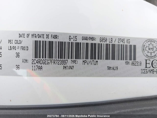 20273784 :رقم المزاد ، 2C4RDGEG7FR723997 vin ، 2015 Dodge Grand Caravan R/t مزاد بيع