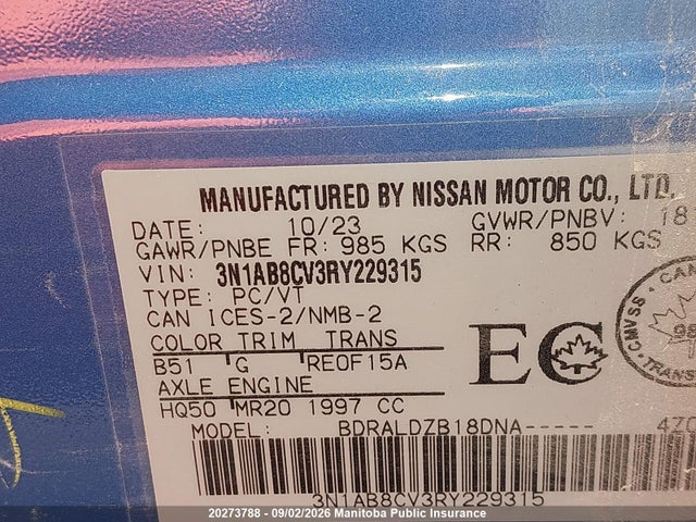 3N1AB8CV3RY229315 Nissan Sentra 2.0 Sv