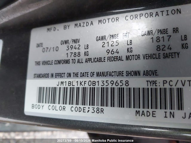 Aukcja sprzedaży 2011 Mazda 3 Mazda Sport Gx, vin: JM1BL1KF0B1359658, numer aukcji: 20273789