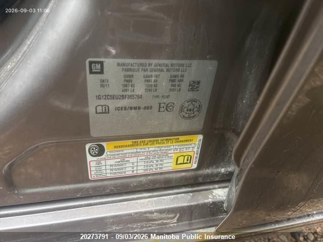 20273791 :رقم المزاد ، 1G1ZC5EU2BF365764 vin ، 2011 Chevrolet Malibu Lt مزاد بيع