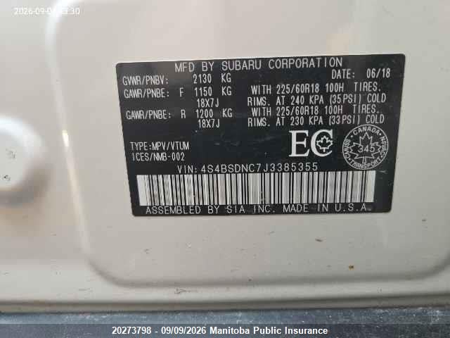 20273798 :رقم المزاد ، 4S4BSDNC7J3385355 vin ، 2018 Subaru Outback 2.5i Limited مزاد بيع