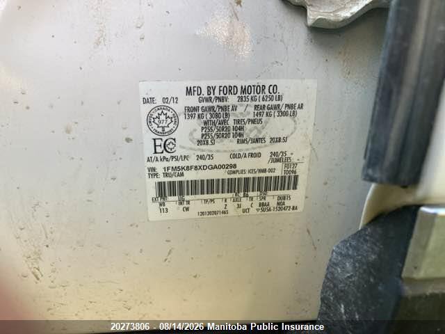 20273806 :رقم المزاد ، 1FM5K8F8XDGA00298 vin ، 2013 Ford Explorer Limited مزاد بيع