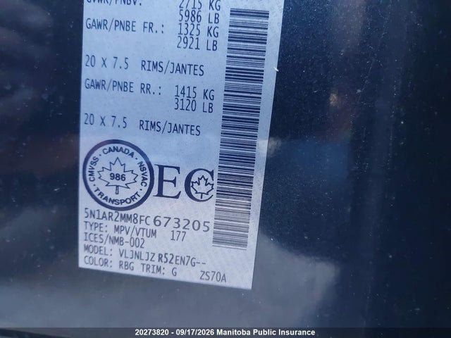 20273820 :رقم المزاد ، 5N1AR2MM8FC673205 vin ، 2015 Nissan Pathfinder Sl مزاد بيع