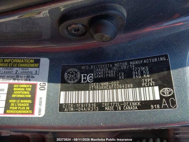2T1BURHE6FC264288 Toyota COROLLA LE