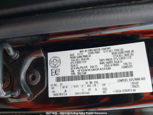 20273825 :رقم المزاد ، 1FTEW1EG6GFA33320 vin ، 2016 Ford F150 Xlt Supercrew مزاد بيع
