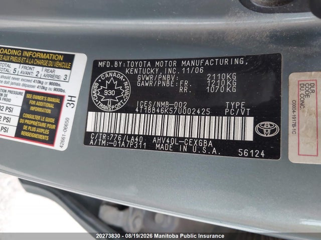 2007 Toyota Camry Hybrid მანქანა იყიდება აუქციონზე, vin: 4T1BB46K57U002425, აუქციონის ნომერი: 20273830