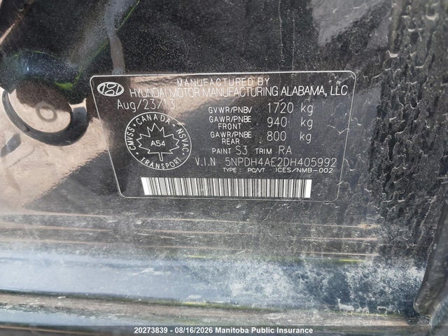 Продажа на аукционе авто 2013 Hyundai Elantra Gl, vin: 5NPDH4AE2DH405992, номер лота: 20273839