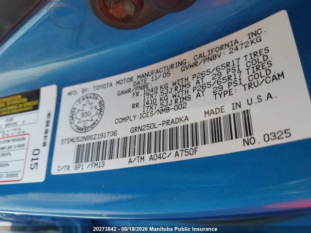 Aukcja sprzedaży 2006 Toyota Tacoma Double Cab V6, vin: 5TEMU52N86Z191736, numer aukcji: 20273842