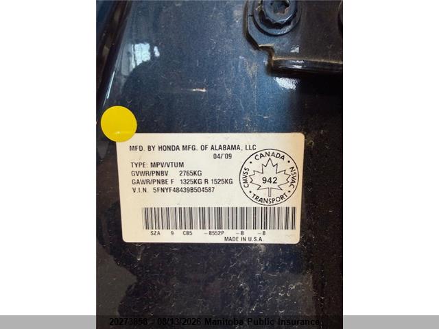 Auction sale of the 2009 Honda Pilot Ex, vin: 5FNYF48439B504587, lot number: 20273858
