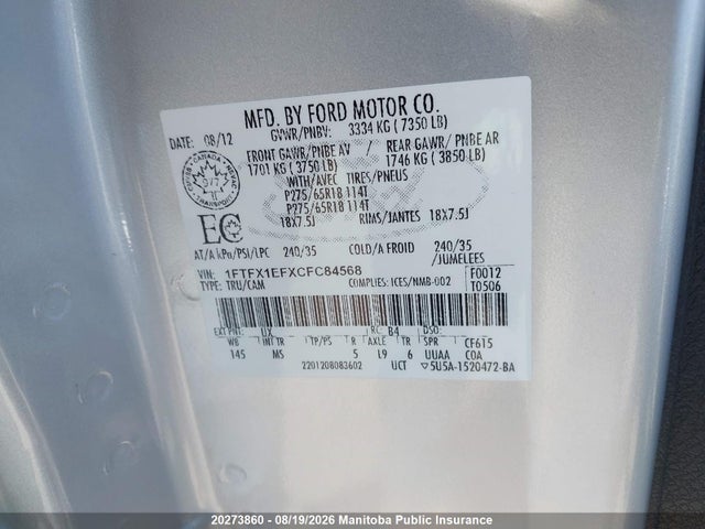 Продажа на аукционе авто 2012 Ford F150 Stx Supercab, vin: 1FTFX1EFXCFC84568, номер лота: 20273860