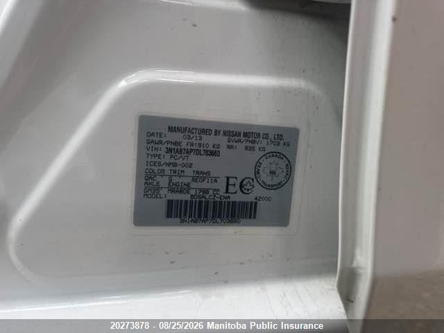 Aukcja sprzedaży 2013 Nissan Sentra 1.8 S, vin: 3N1AB7AP7DL703660, numer aukcji: 20273878