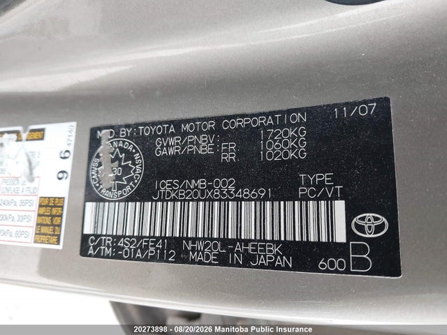2008 Toyota Prius მანქანა იყიდება აუქციონზე, vin: JTDKB20UX83348691, აუქციონის ნომერი: 20273898