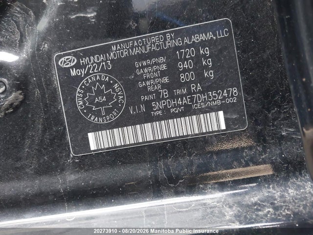 2013 Hyundai Elantra Gl მანქანა იყიდება აუქციონზე, vin: 5NPDH4AE7DH352478, აუქციონის ნომერი: 20273910