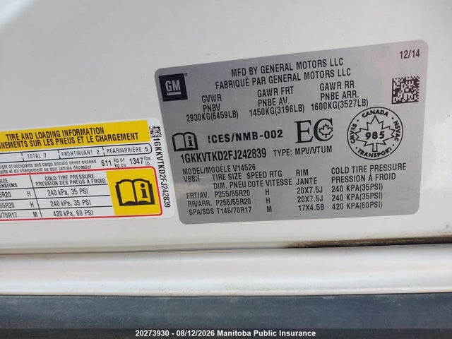 20273930 :رقم المزاد ، 1GKKVTKD2FJ242839 vin ، 2015 Gmc Acadia Denali مزاد بيع