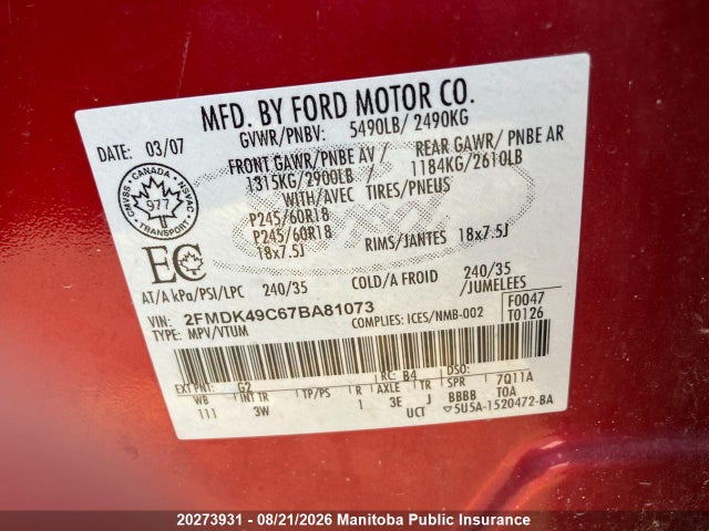 Продажа на аукционе авто 2007 Ford Edge Sel, vin: 2FMDK49C67BA81073, номер лота: 20273931