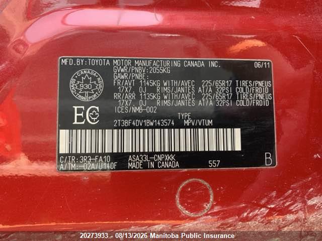 2011 Toyota Rav4 მანქანა იყიდება აუქციონზე, vin: 2T3BF4DV1BW143574, აუქციონის ნომერი: 20273933