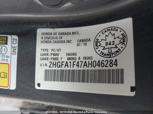 Продажа на аукционе авто 2010 Honda Civic Dx-g, vin: 2HGFA1F47AH046284, номер лота: 20273934