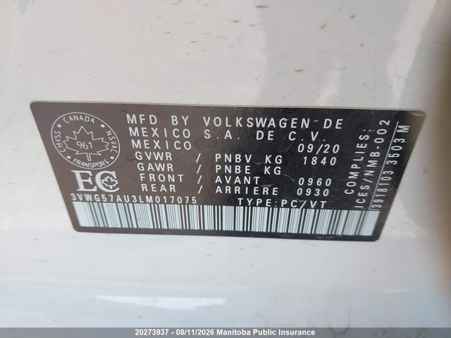 Продаж на аукціоні авто 2020 Volkswagen Golf Comfortline 1.4 Tsi, vin: 3VWG57AU3LM017075, номер лоту: 20273937