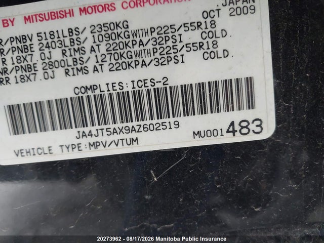 2010 Mitsubishi Outlander Xls მანქანა იყიდება აუქციონზე, vin: JA4JT5AX9AZ602519, აუქციონის ნომერი: 20273962