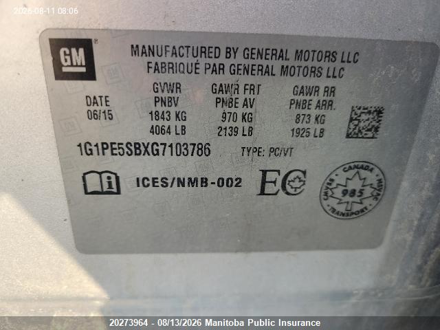 20273964 :رقم المزاد ، 1G1PE5SBXG7103786 vin ، 2016 Chevrolet Cruze Lt Turbo مزاد بيع