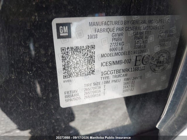 Auction sale of the 2019 Chevrolet Colorado Wt Crew Cab, vin: 1GCGTBEN9K1168111, lot number: 20273988