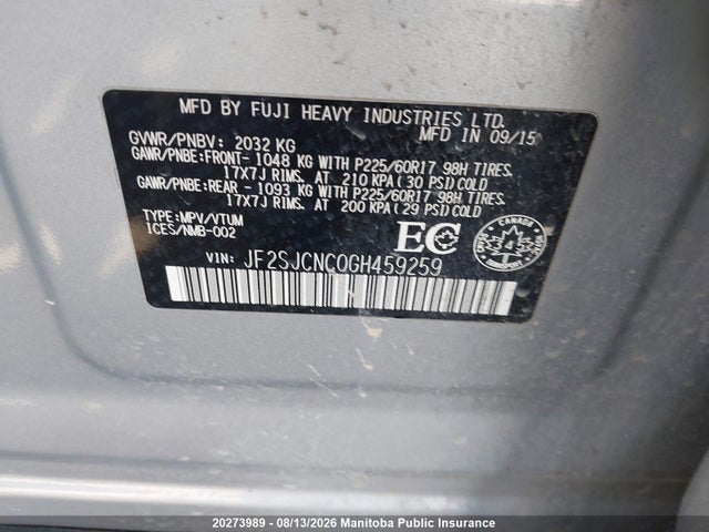 2016 Subaru Forester 2.5i Touring მანქანა იყიდება აუქციონზე, vin: JF2SJCNC0GH459259, აუქციონის ნომერი: 20273989