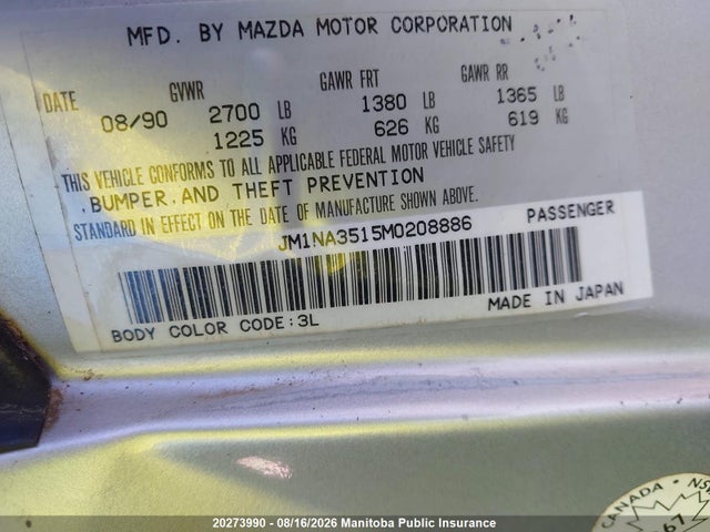 1991 Mazda Mx5 Miata მანქანა იყიდება აუქციონზე, vin: JM1NA3515M0208886, აუქციონის ნომერი: 20273990