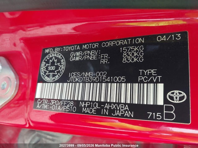 Auction sale of the 2013 Toyota Prius C, vin: JTDKDTB39D1541005, lot number: 20273999