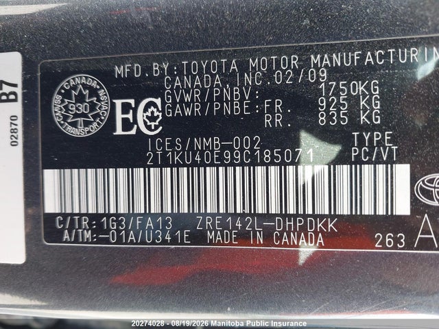 2009 Toyota Matrix მანქანა იყიდება აუქციონზე, vin: 2T1KU40E99C185071, აუქციონის ნომერი: 20274028