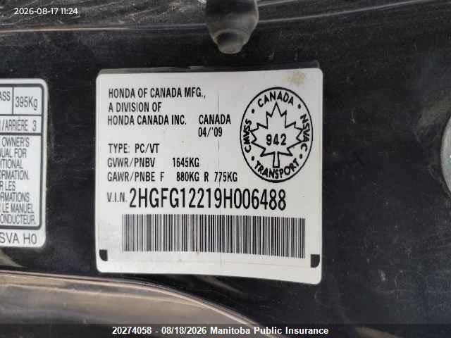 20274058 :رقم المزاد ، 2HGFG12219H006488 vin ، 2009 Honda Civic Dx مزاد بيع
